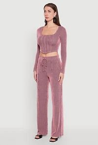 Womens Rib Knit Shadow Stripe Corset Detail Crop Top, Pink, Size S