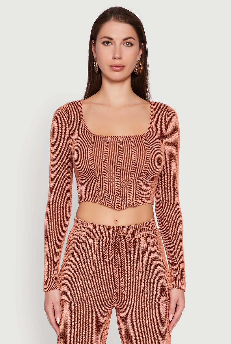 Womens Rib Knit Shadow Stripe Corset Detail Crop Top, L