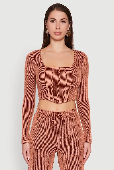 Womens Rib Knit Shadow Stripe Corset Detail Crop Top, L