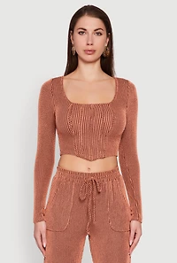 Womens Rib Knit Shadow Stripe Corset Detail Crop Top, L