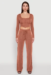 Womens Rib Knit Shadow Stripe Corset Detail Crop Top, L
