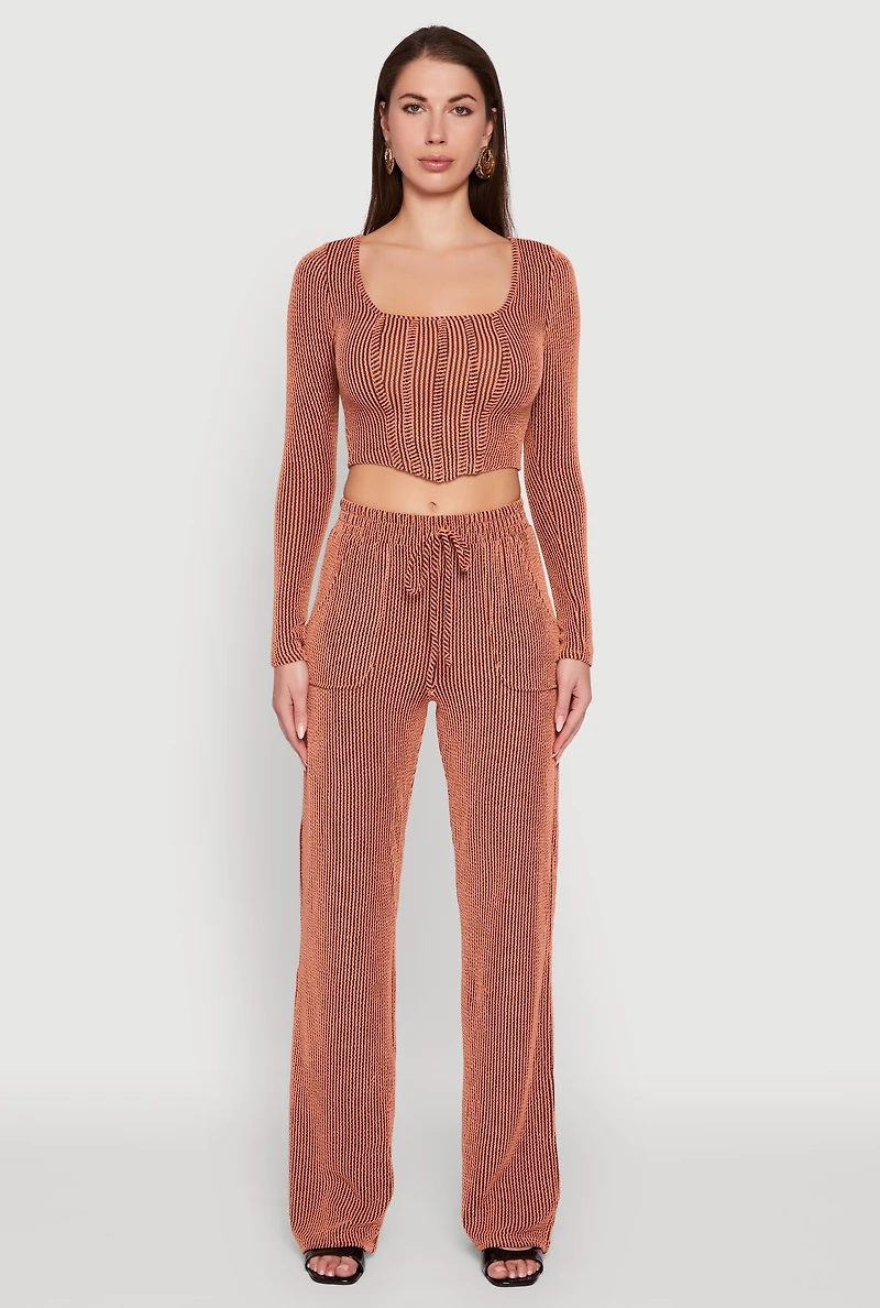 Womens Rib Knit Shadow Stripe Corset Detail Crop Top, Orange,
