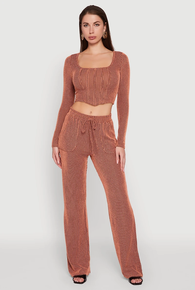 Womens Rib Knit Shadow Stripe Corset Detail Crop Top, L