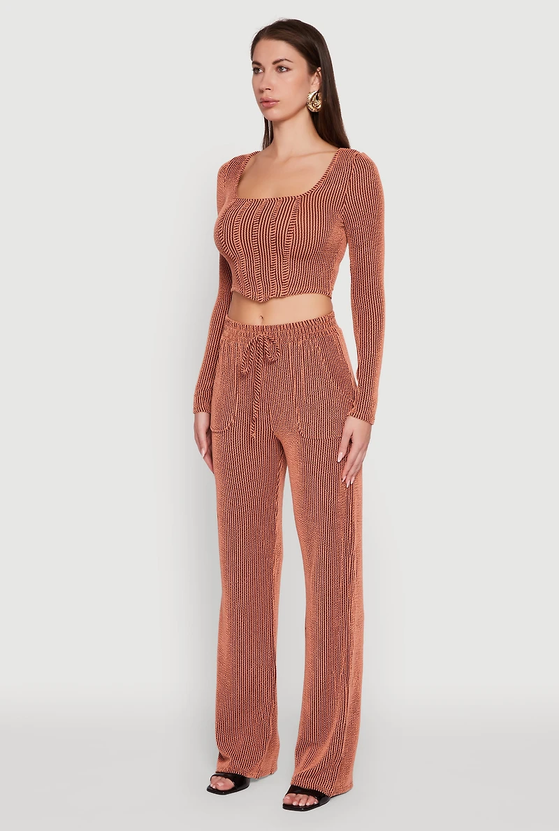 Womens Rib Knit Shadow Stripe Corset Detail Crop Top, L
