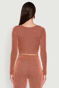 Womens Rib Knit Shadow Stripe Corset Detail Crop Top, Orange,