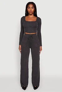 Womens Rib Knit Shadow Stripe Straight Leg Pants,