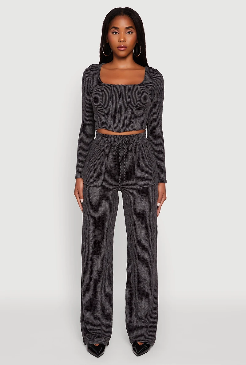 Womens Rib Knit Shadow Stripe Straight Leg Pants, Grey, Size L