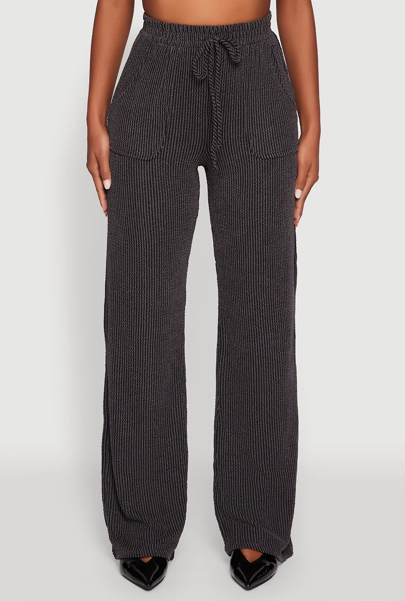 Womens Rib Knit Shadow Stripe Straight Leg Pants, Grey, Size L