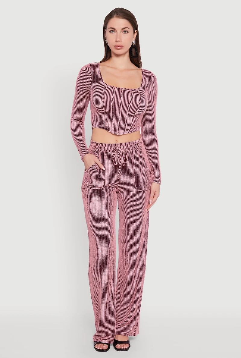 Womens Rib Knit Shadow Stripe Straight Leg Pants, Pink,