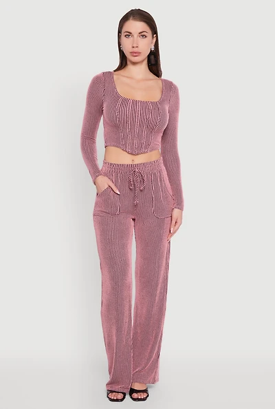 Womens Rib Knit Shadow Stripe Straight Leg Pants, Pink,