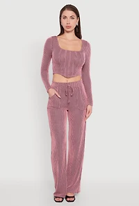 Womens Rib Knit Shadow Stripe Straight Leg Pants, Pink,