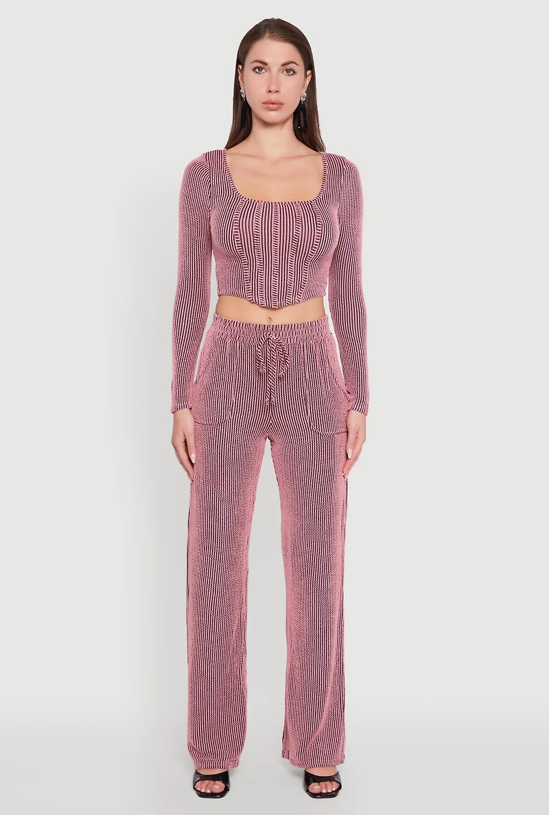 Womens Rib Knit Shadow Stripe Straight Leg Pants, Pink,