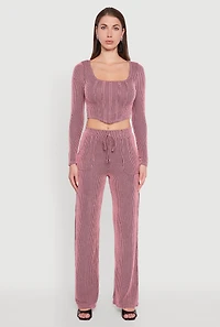 Womens Rib Knit Shadow Stripe Straight Leg Pants, Pink,