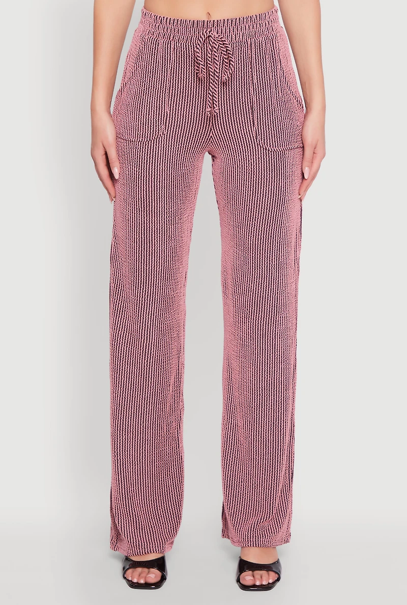 Womens Rib Knit Shadow Stripe Straight Leg Pants, Pink,