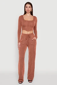 Womens Rib Knit Shadow Stripe Straight Leg Pants, Orange,