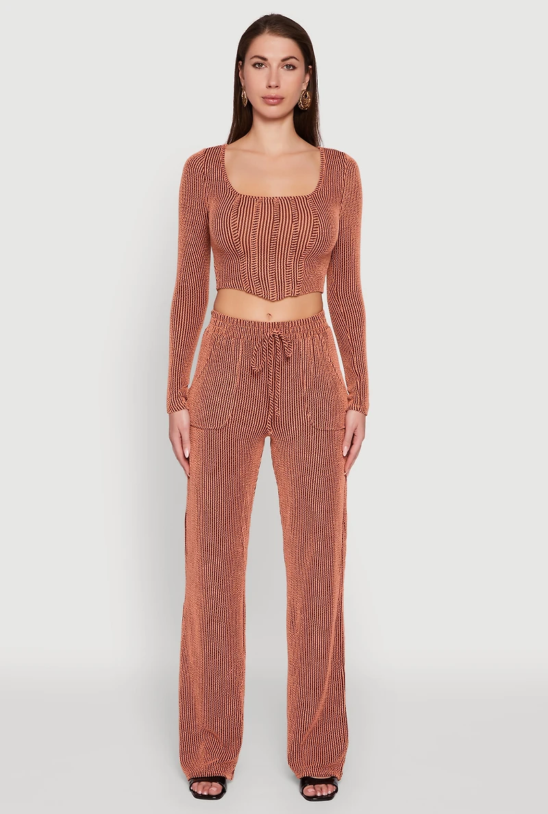 Womens Rib Knit Shadow Stripe Straight Leg Pants, Orange,