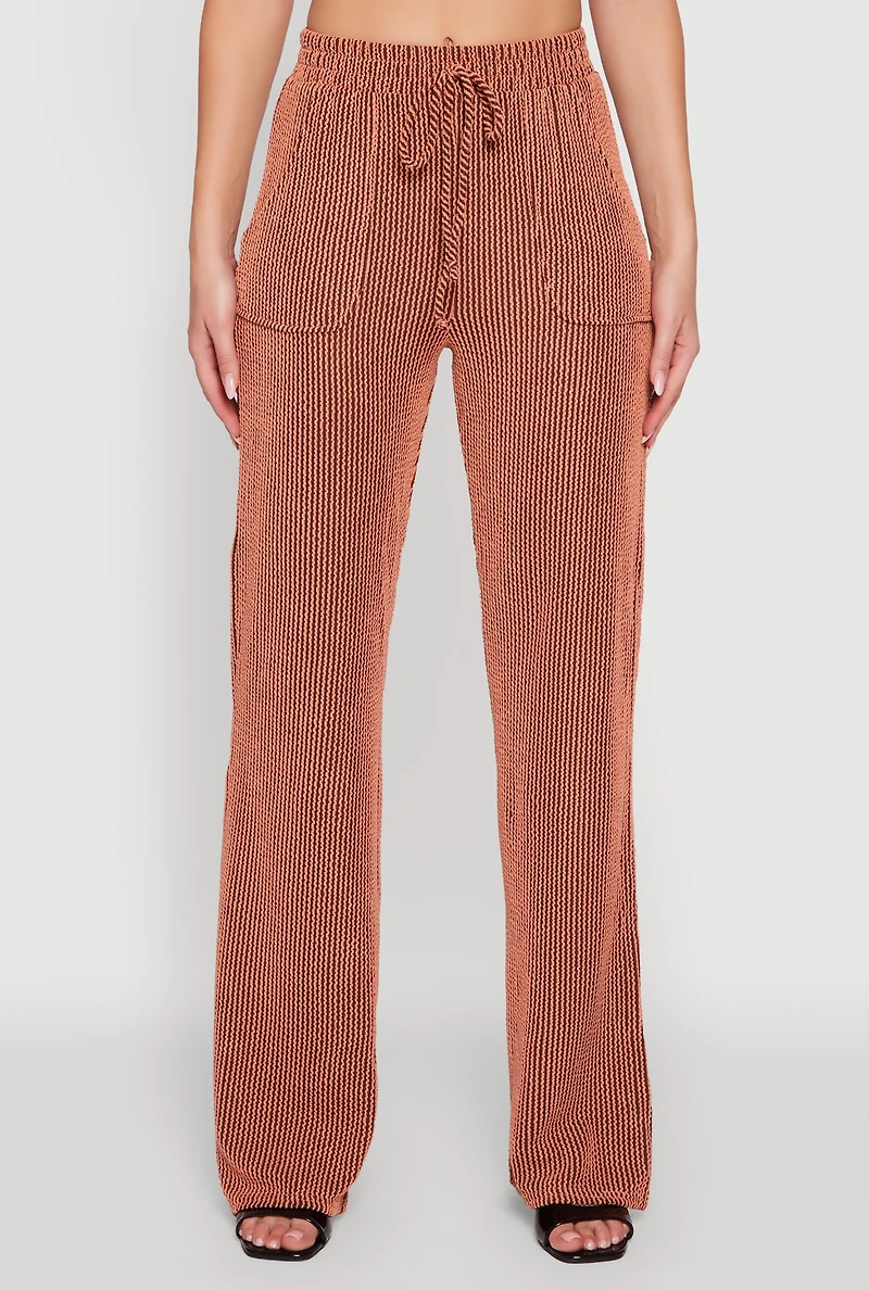 Womens Rib Knit Shadow Stripe Straight Leg Pants, Orange,