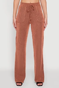 Womens Rib Knit Shadow Stripe Straight Leg Pants, Orange, Size L