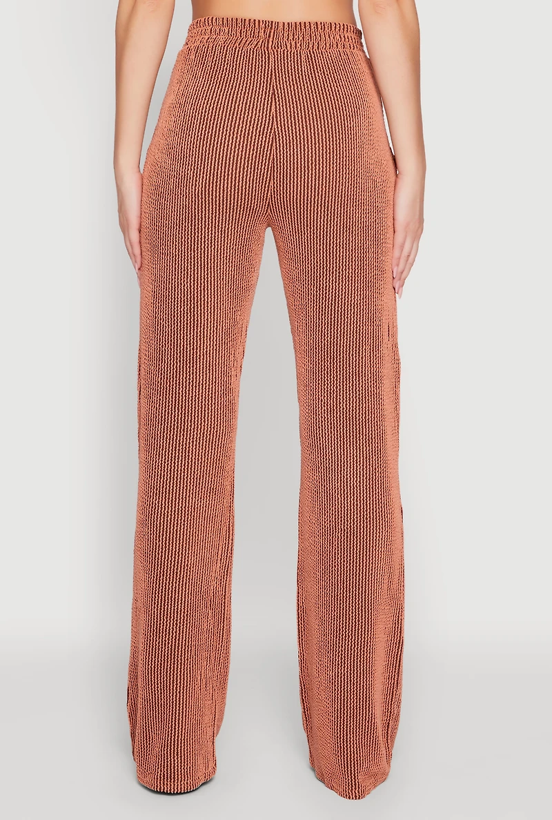 Womens Rib Knit Shadow Stripe Straight Leg Pants, Orange,