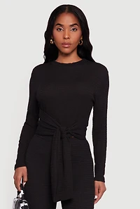 Textured Knit Tie Front Long Sleeve Blouse