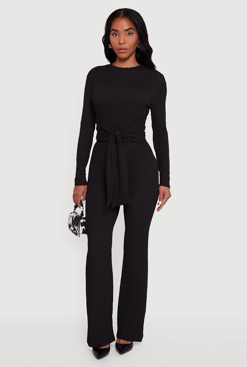 Womens Textured Knit Tie Front Long Sleeve Blouse,