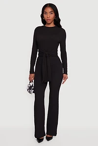 Womens Textured Knit Tie Front Long Sleeve Blouse,