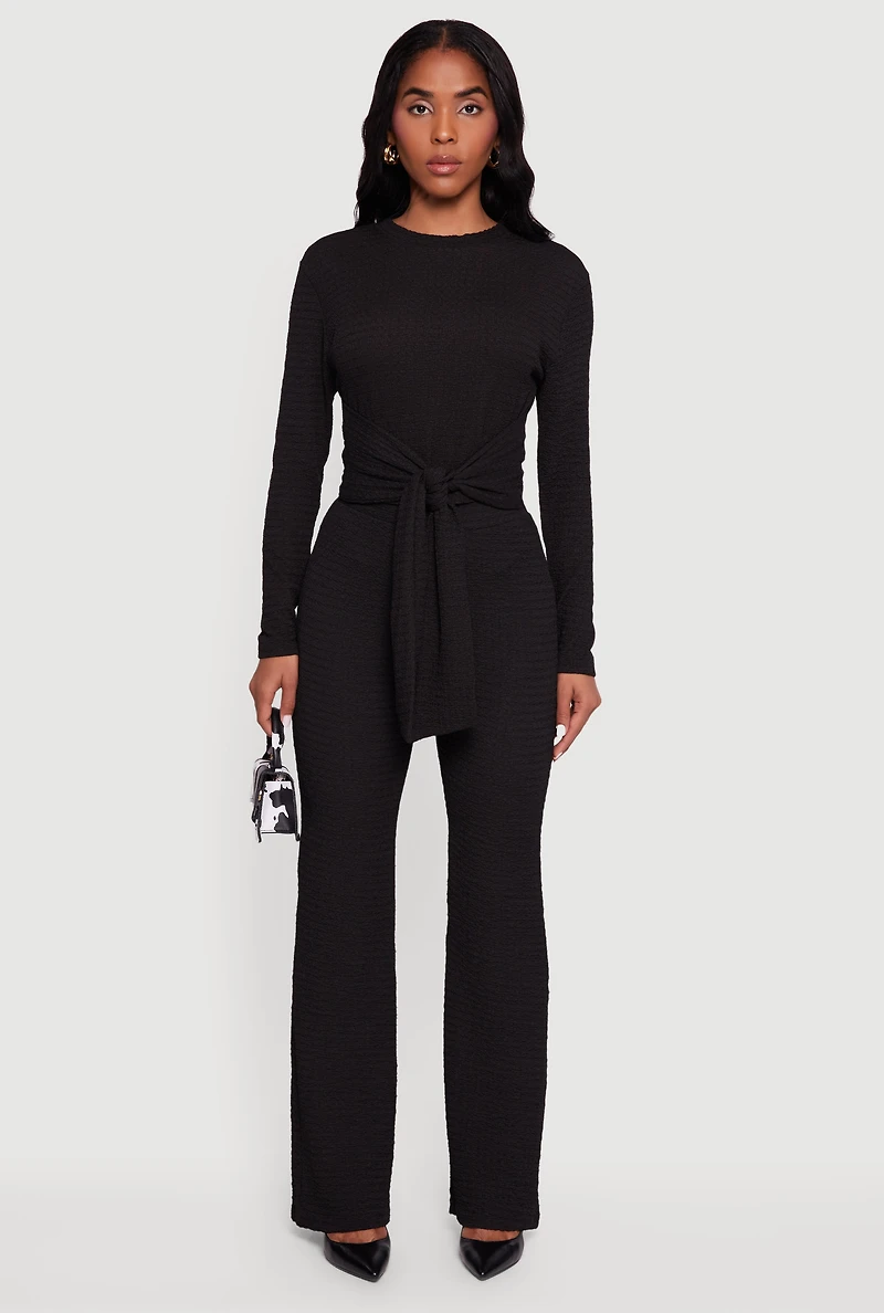 Textured Knit Tie Front Long Sleeve Blouse