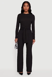 Textured Knit Tie Front Long Sleeve Blouse