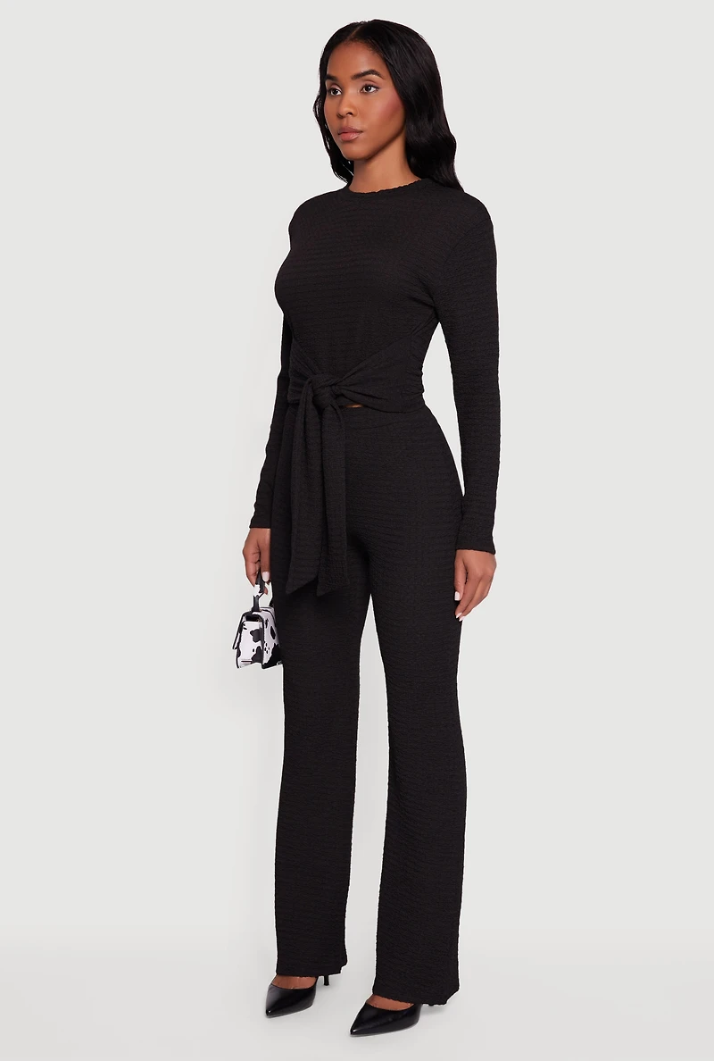 Womens Textured Knit Tie Front Long Sleeve Blouse,