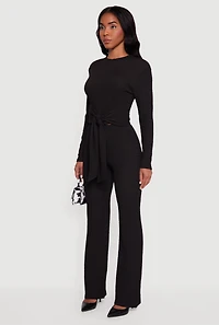 Womens Textured Knit Tie Front Long Sleeve Blouse,