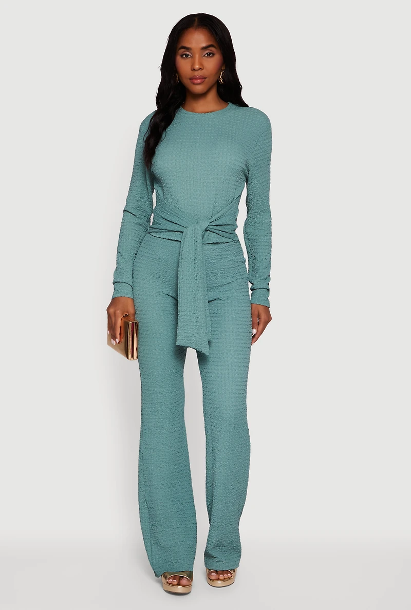 Womens Textured Knit Tie Front Long Sleeve Blouse, Blue, Size M