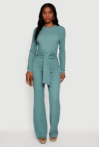 Womens Textured Knit Tie Front Long Sleeve Blouse, Blue, Size M