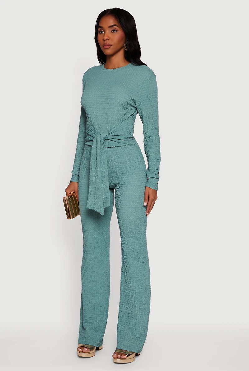 Womens Textured Knit Tie Front Long Sleeve Blouse, Blue, Size M