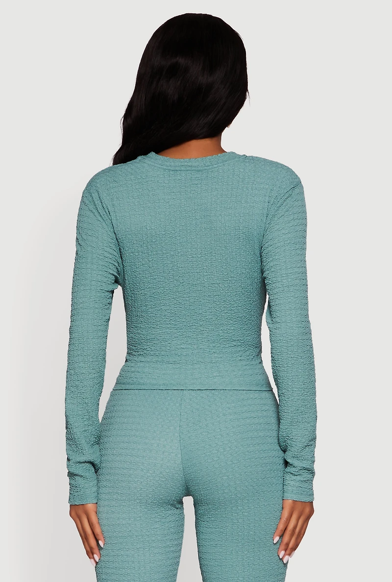 Womens Textured Knit Tie Front Long Sleeve Blouse, Blue, Size M