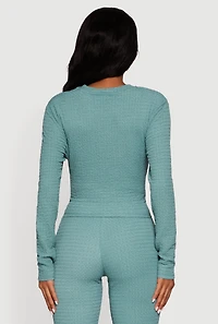 Womens Textured Knit Tie Front Long Sleeve Blouse, Blue, Size M