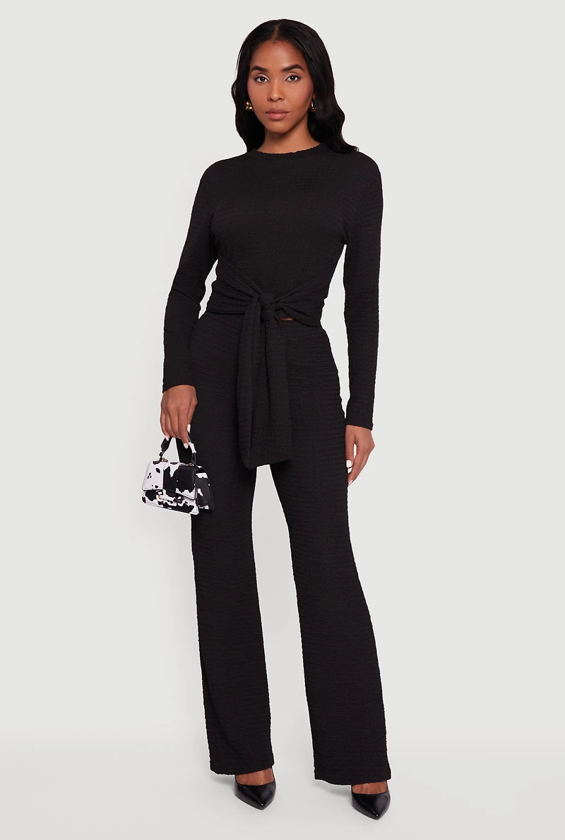 Womens Textured Knit High Waisted Flare Leg Pants, Black, Size L