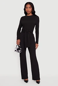 Womens Textured Knit High Waisted Flare Leg Pants, Black, Size L