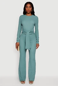 Womens Textured Knit High Waisted Flare Leg Pants, Blue, Size S