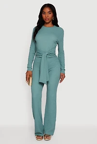 Womens Textured Knit High Waisted Flare Leg Pants, Blue, Size S