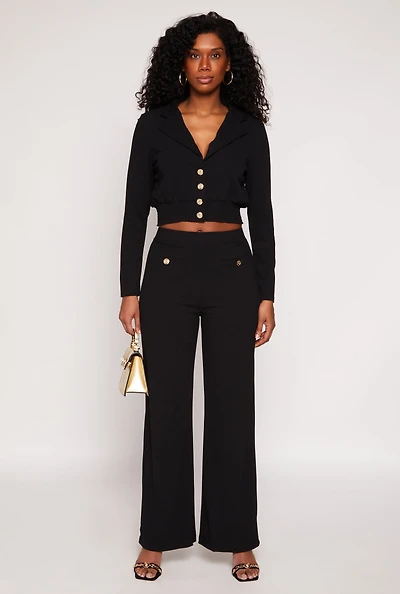 Womens Button Detail Wide Leg Dress Pants, Black, Size L