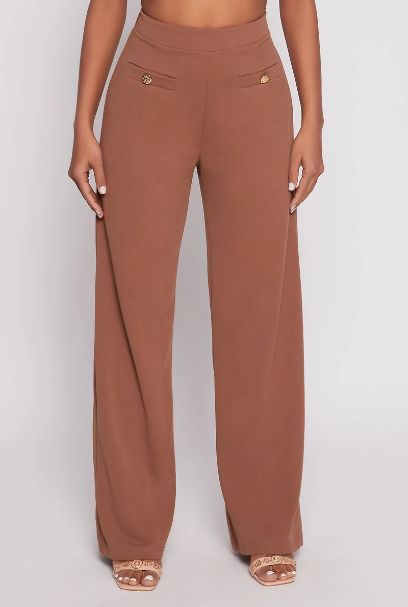 Button Detail Wide Leg Dress Pants