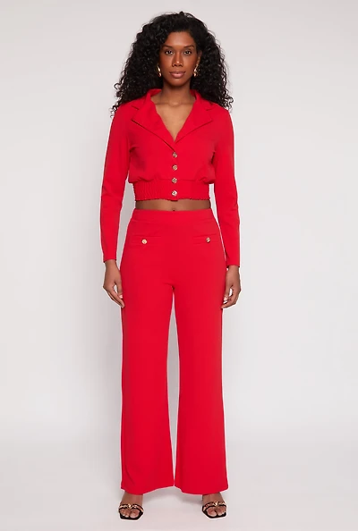 Womens Button Detail Wide Leg Dress Pants, Red, Size M
