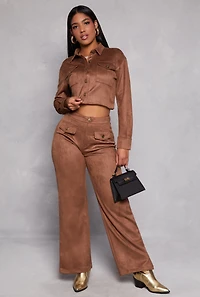 Womens Faux Suede Cropped Shirt, Brown, Size M