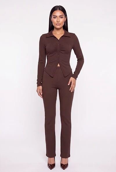 Brushed Knit Pull On High Waisted Pants