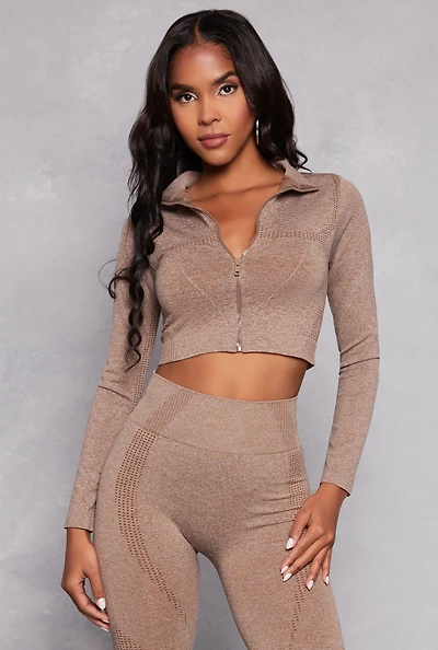 Womens Zip Front Seamless Cropped Track Jacket, Brown, Size S-M