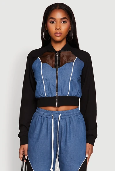 Womens Color Block Sheer Insert Bustier Detail Bomber Jacket, Multi, Size S