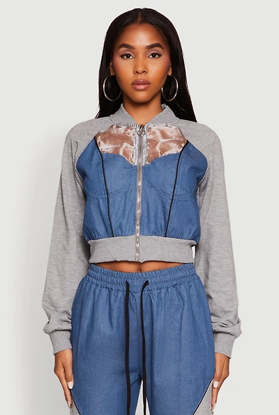 Womens Color Block Sheer Insert Bustier Detail Bomber Jacket, Multi, Size XL