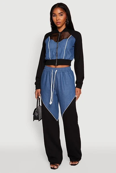 Womens Denim Color Block Drawstring Waist Wide Leg Pants, Multi, Size L