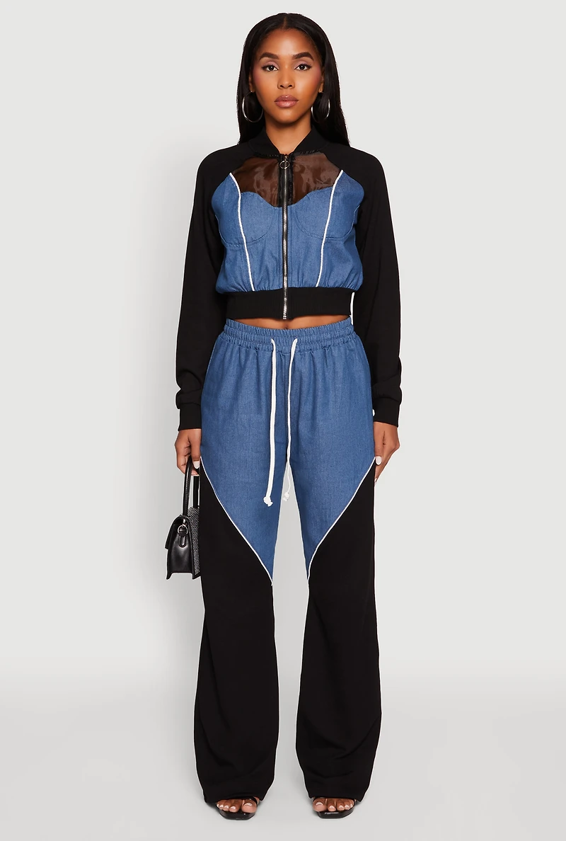 Womens Denim Color Block Drawstring Waist Wide Leg Pants, Multi,