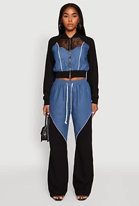 Womens Denim Color Block Drawstring Waist Wide Leg Pants, Multi,
